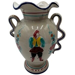 Vintage Italian Ceramic Vase Decor Hand Painted Folk Art Double Handle Italy